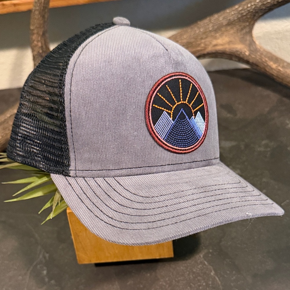 Pistil Gray and Black Corduroy Trucker Hat with Mountain Patch NWOT